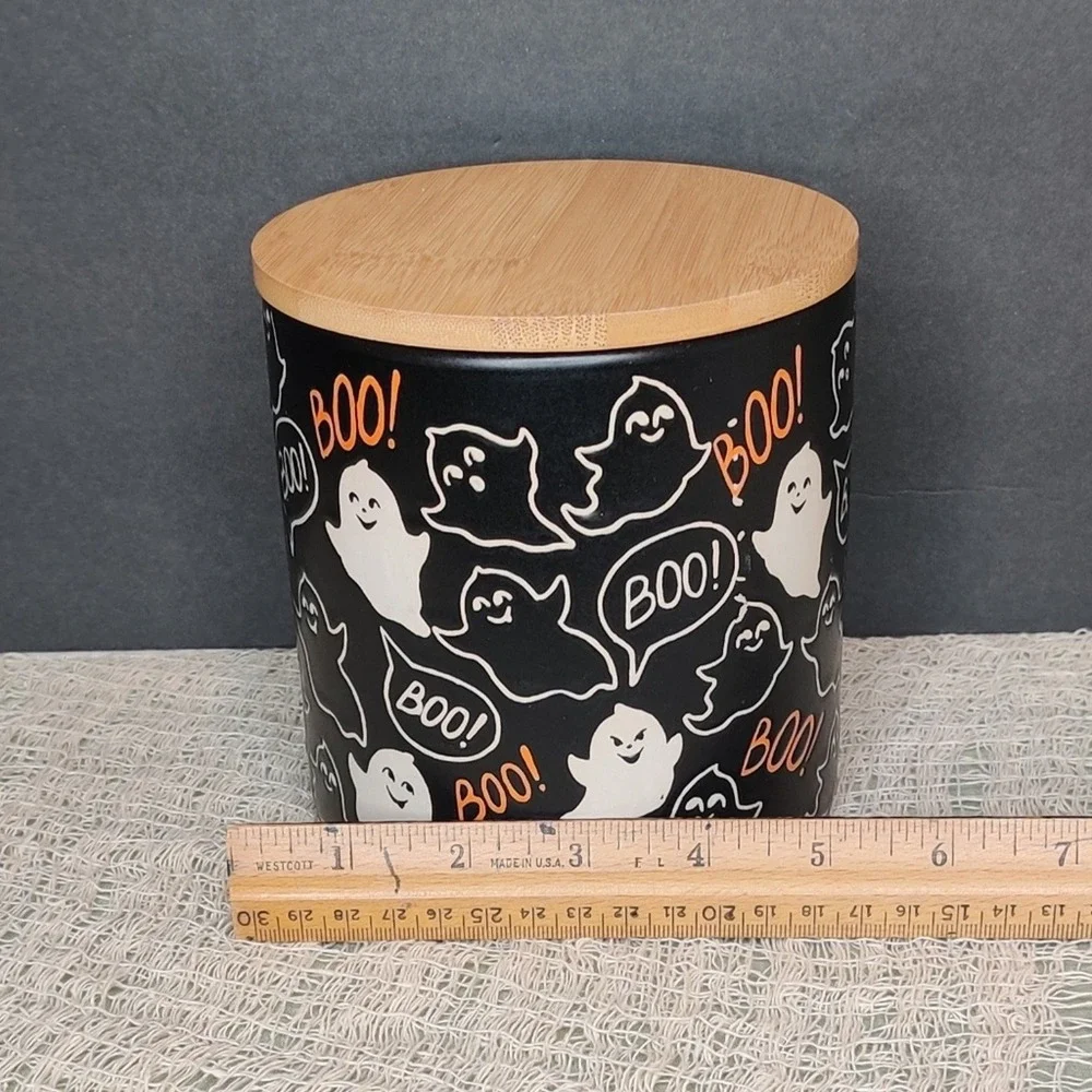 Inhomestylz‎ Matte Black Ceramic Halloween Ghost Cellar Jar BOO